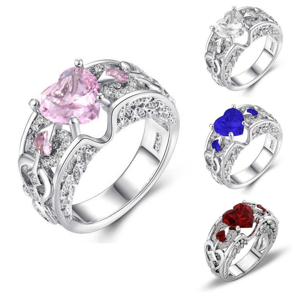 Elegant Women Ladies Rhinestone Princess Heart Shape Jewelry Wedding Ring