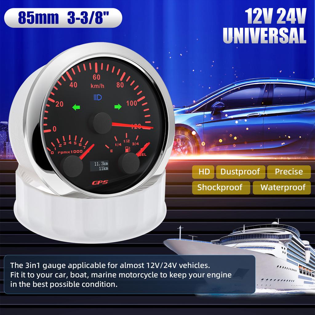 0-8000RPM Tachometer 85mm 3 in 1 Multifunctional  GPS Speedometer KMH MPH Fuel Level Meter 7 Colors Backlight 9-32V