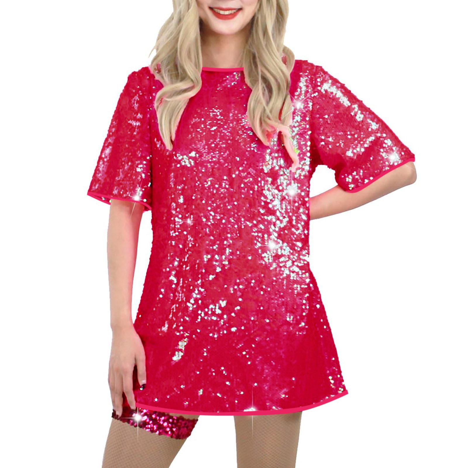 

Women s Sequin T-Shirt Dress Sparkly Casual Short Sleeve Party Club Outfit Costume M горячий розовый