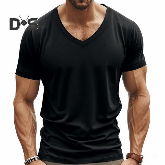 Herren Sommer T-Shirt Kurzarm V-Ausschnitt Einfarbig Schnelltrocknend Locker Pullover Mittellanges Oberteil für Sport Büro Dating