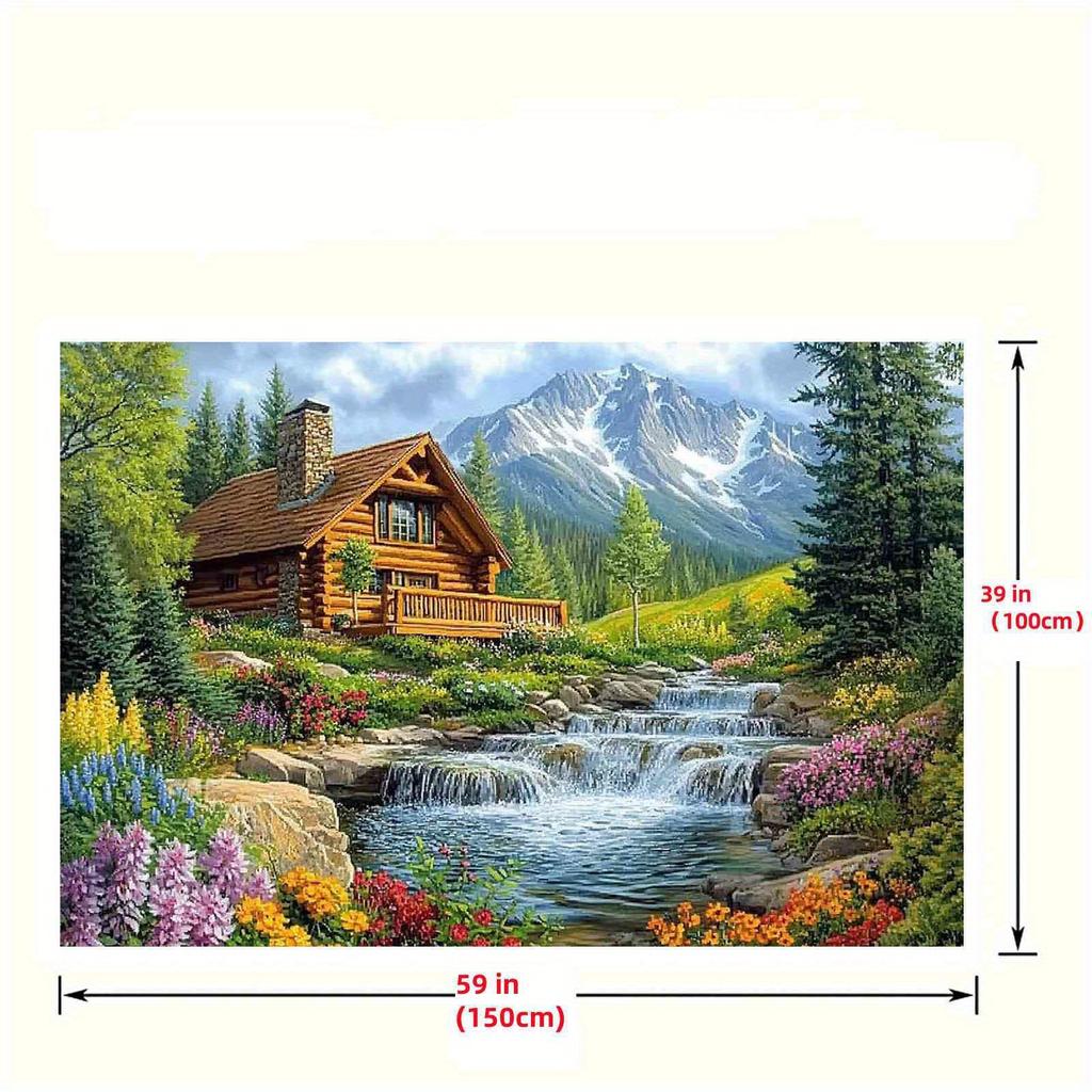 1pc Log Cabin Mountain Waterfall Polyester Background Fabric - Rock Stream Pine Tree Wildflower Design - Home decoration
