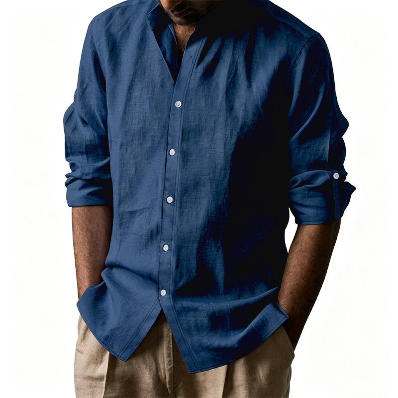 Cotton Linen Hot Sale Men's Long-Sleeved Shirts Summer Solid Color Stand-Up Collar Casual Beach Style Plus Size