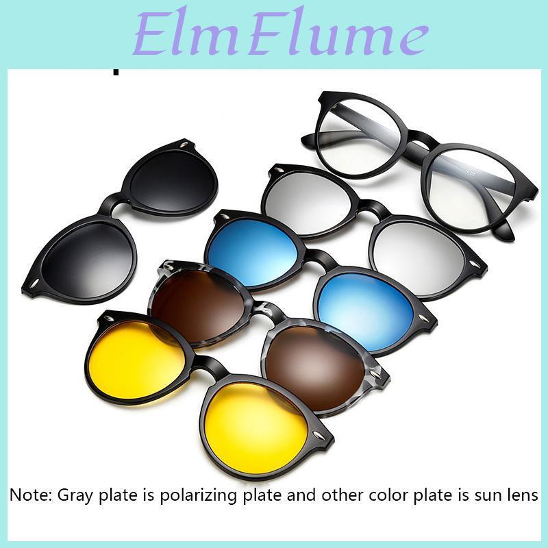 Clipon In 6 1 Black Round Oval Plastic Frame With 5 Pcs Clip On Sunglasses Magnetic Glasses Male Optical