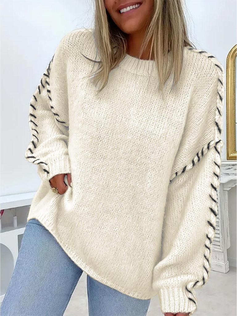 Women's Solid Color Round Neck Long Sleeve Knit Sweater with Drawstring - European & American Style