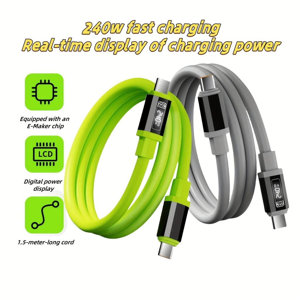 240W USB C Cable with Power Display Fast Charging Charger for IPhone 15 16 17 Samsung S24 Xiaomi Huawei Phones Type C Cord 1.5m