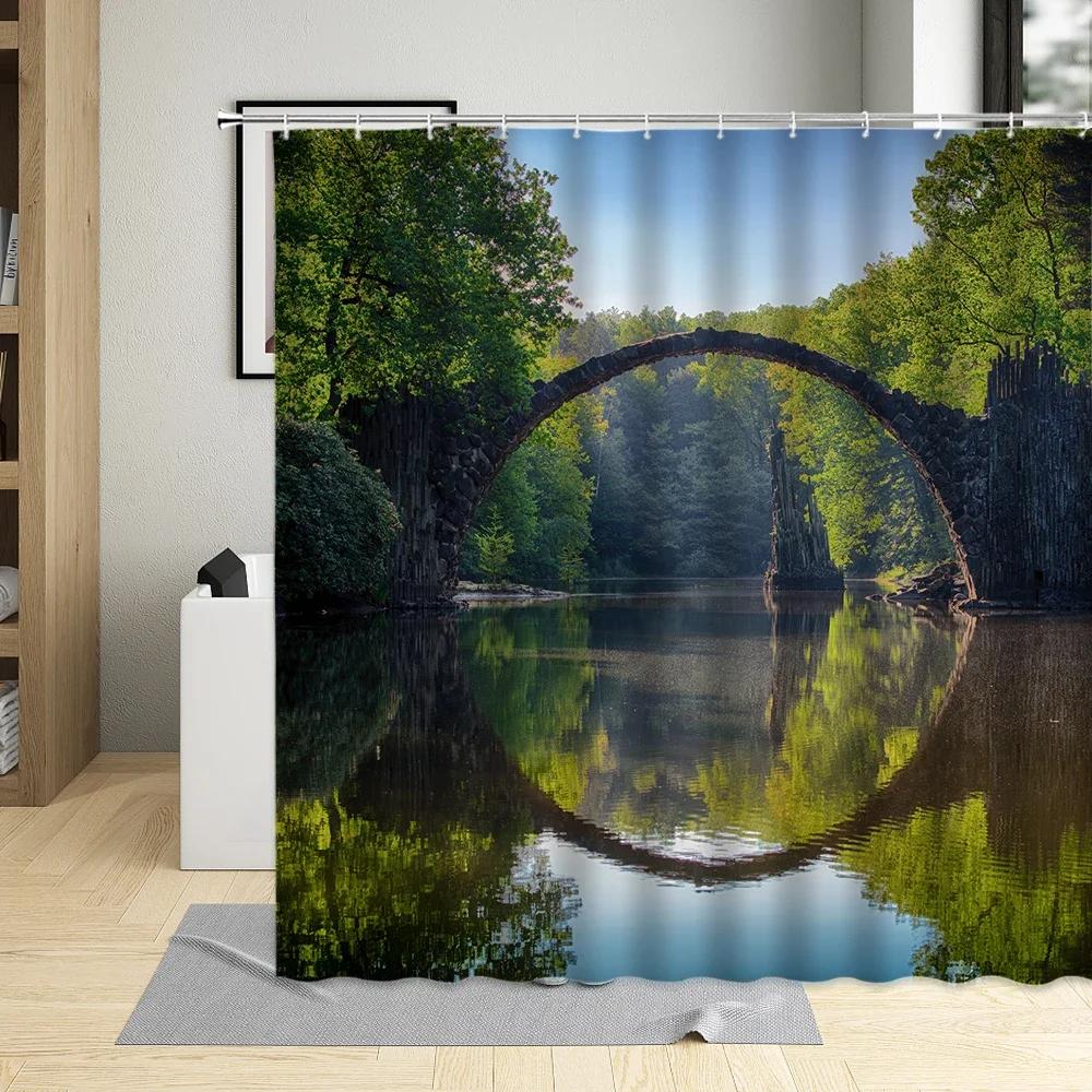 Flower Plant Landscape Shower Curtain Cherry Blossom Waterfall Green Forest Manor Arch Bridge Ocean Scenery Bathroom Curtain Set