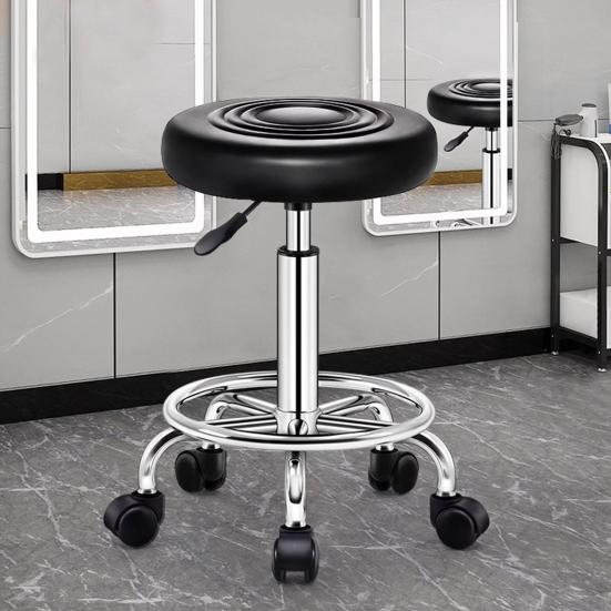 Beauty Stool, 360-degree Rotation Wheel Bar Stool, Height Adjustable Salon Chair, Faux Leather Cushioned Office Shop Stool, with Metal Frame (Black)