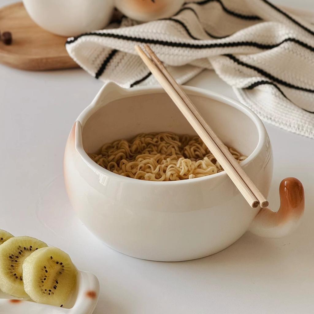 Cute Siamese Cat Noodle Bowl with Lid Ceramic Soup Salad Dip Dish for Home Dorm Breakfast
