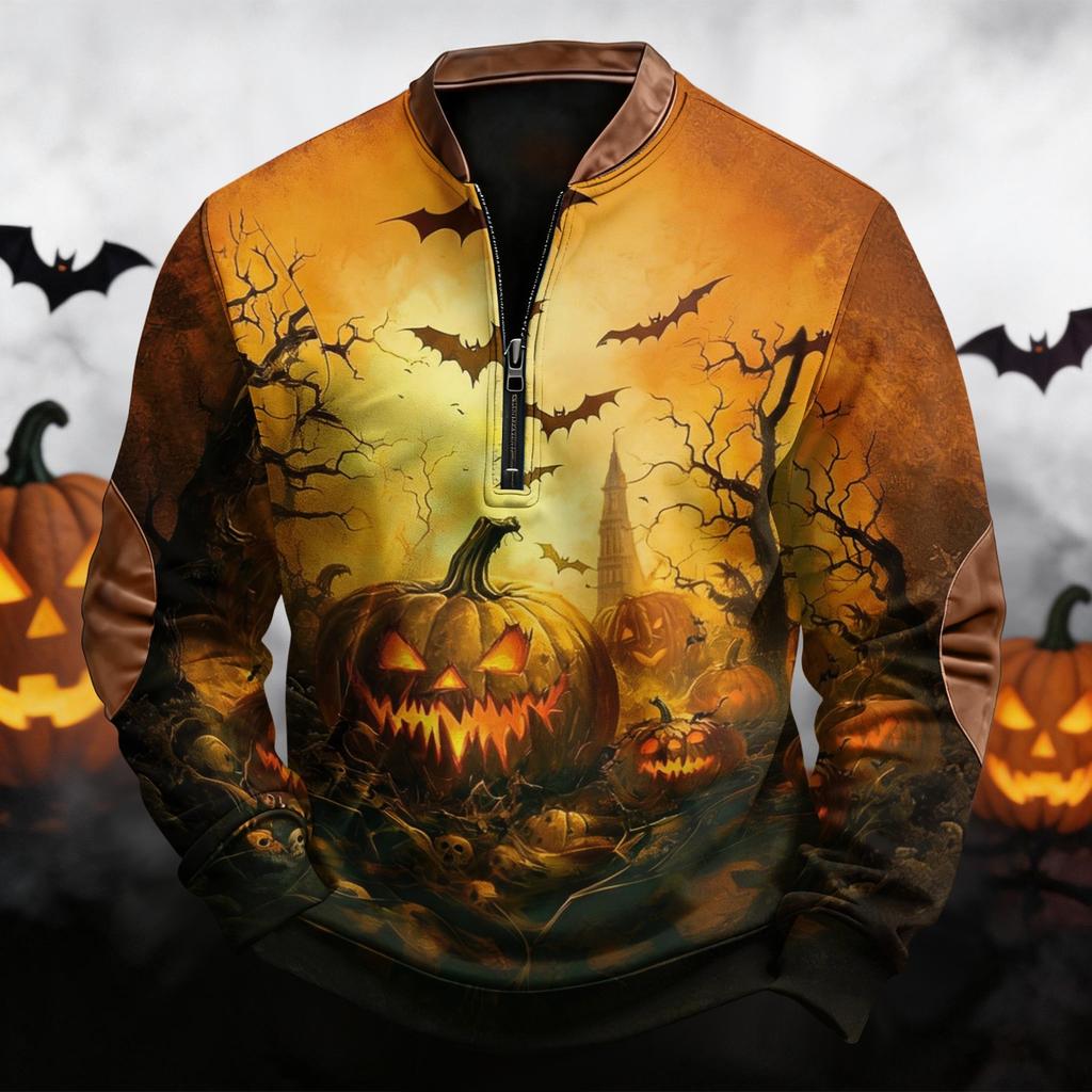 Men's Casual Retro Half Zip Long Sleeve Sweatshirt with Halloween Print