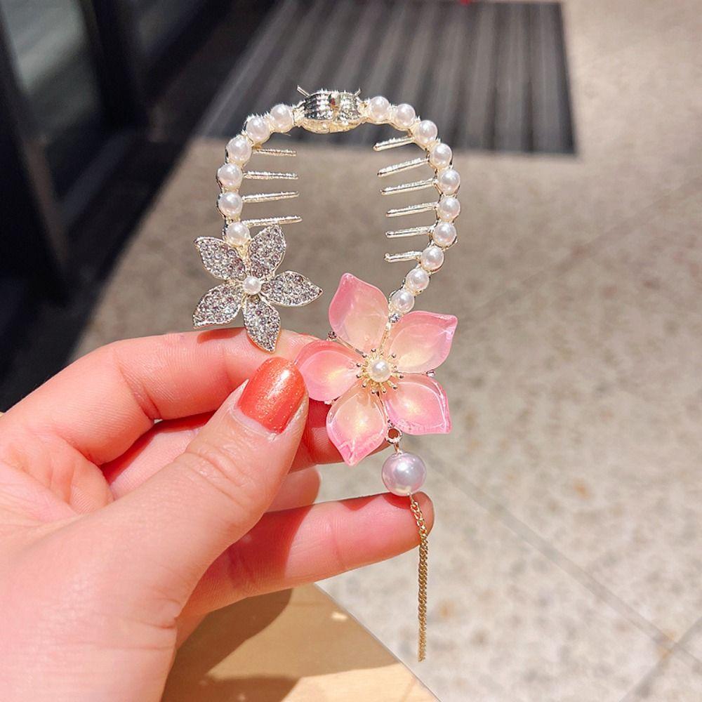 Pearl Flower Horsetail Buckle Tassel Hanfu Headwear Elegant Flower Ponytail Holder Lady