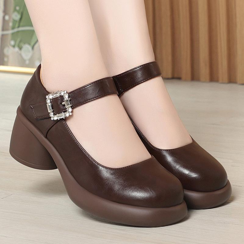 Mary Jane Schuhe mit dicker Sohle und einer Schnalle, klobiger Absatz, weiche Sohle, vielseitige und bequeme niedrig geschnittene Lederschuhe 41 braun