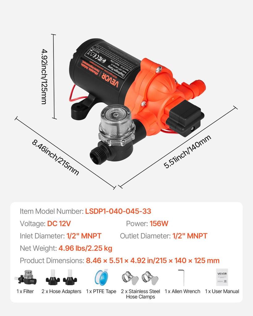 RV Water Pump, 12V DC 4 GPM (15.1 L/min), 3-Chamber Self-Priming Diaphragm Water Pump with Automatic Pressure Switch, 40 PSI Max Pressure, On Demand