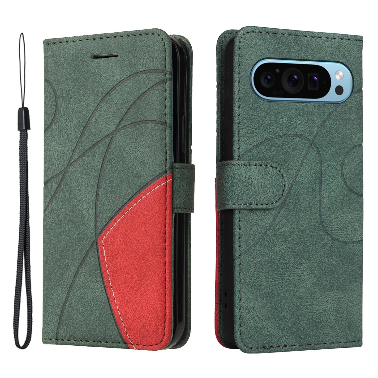

For Google Pixel 10 Pro/10/9 Pro/9 Leather Case Wallet Stand Color Splicing Phone Cover Green