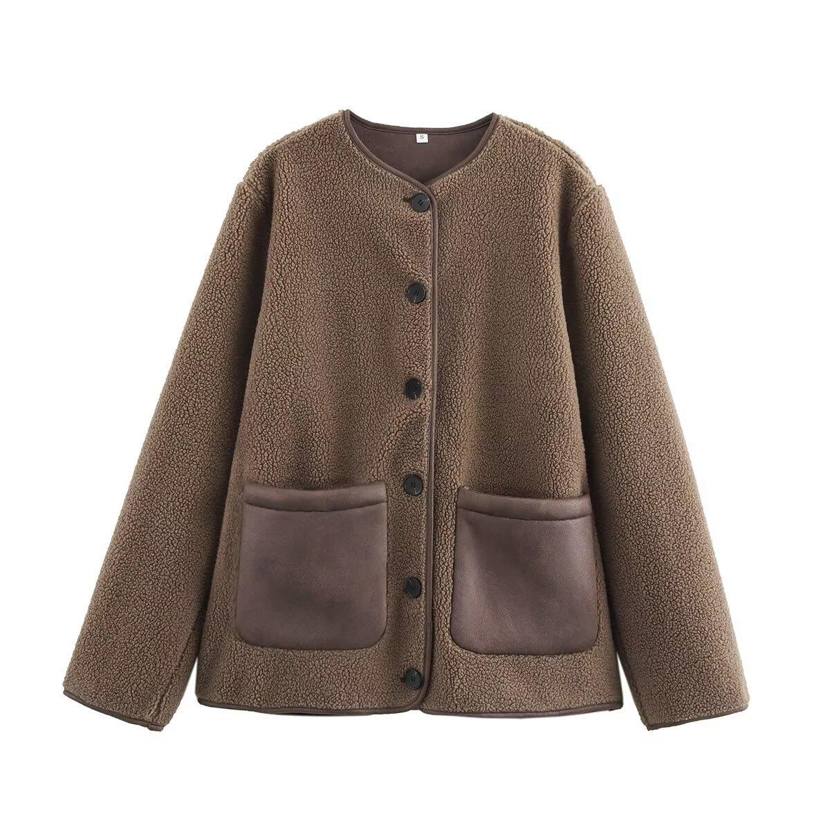 

Женская флисовая куртка с длинным рукавом и круглым вырезом в европейско-американском стиле, весна 2025, 3362241 Large коричневый