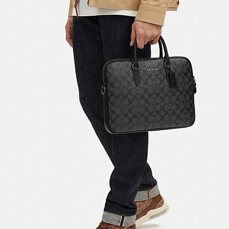Coach Gotham Liam 33 Letter Logo Logo Classic Presbyopia Zipper Closure PVC Briefcase Handbag Men's Black