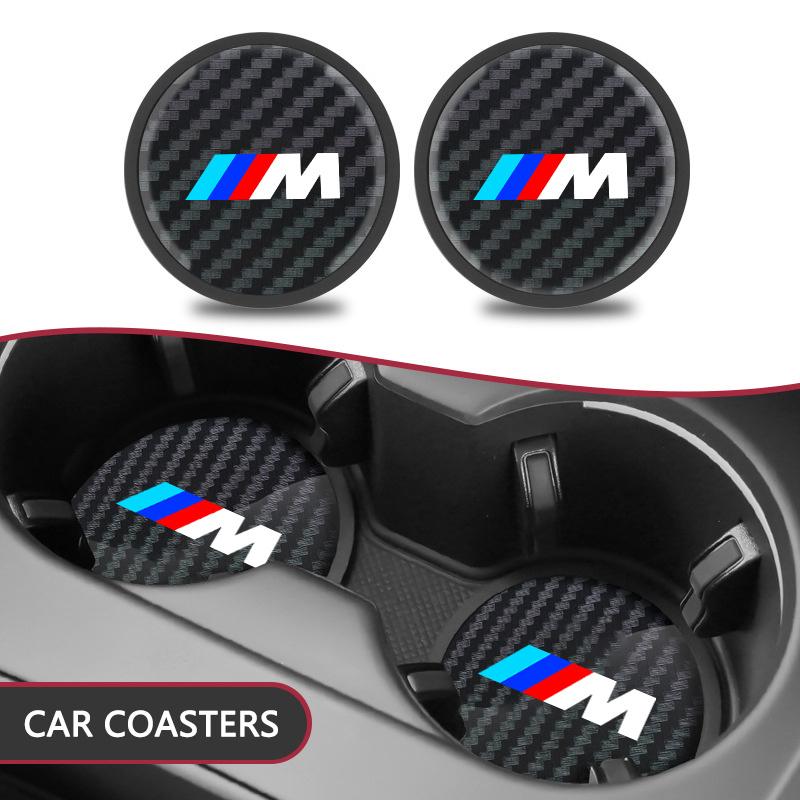 2pcs Carbon Fiber Non-slip Water Cup Mat Car Accessories Silent Coaster For BMW M Emblem E46 E36 E34 F10 E90 F30 E60 F30 E53 E30