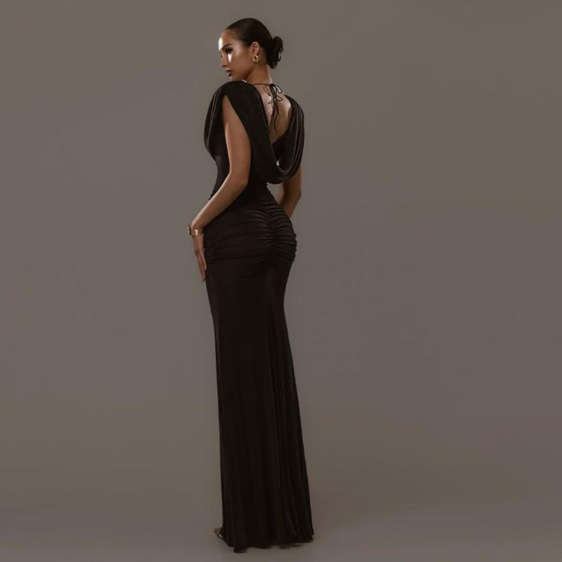 Women's Autumn Solid Color Cowl Neck Ruched Bodycon Dress