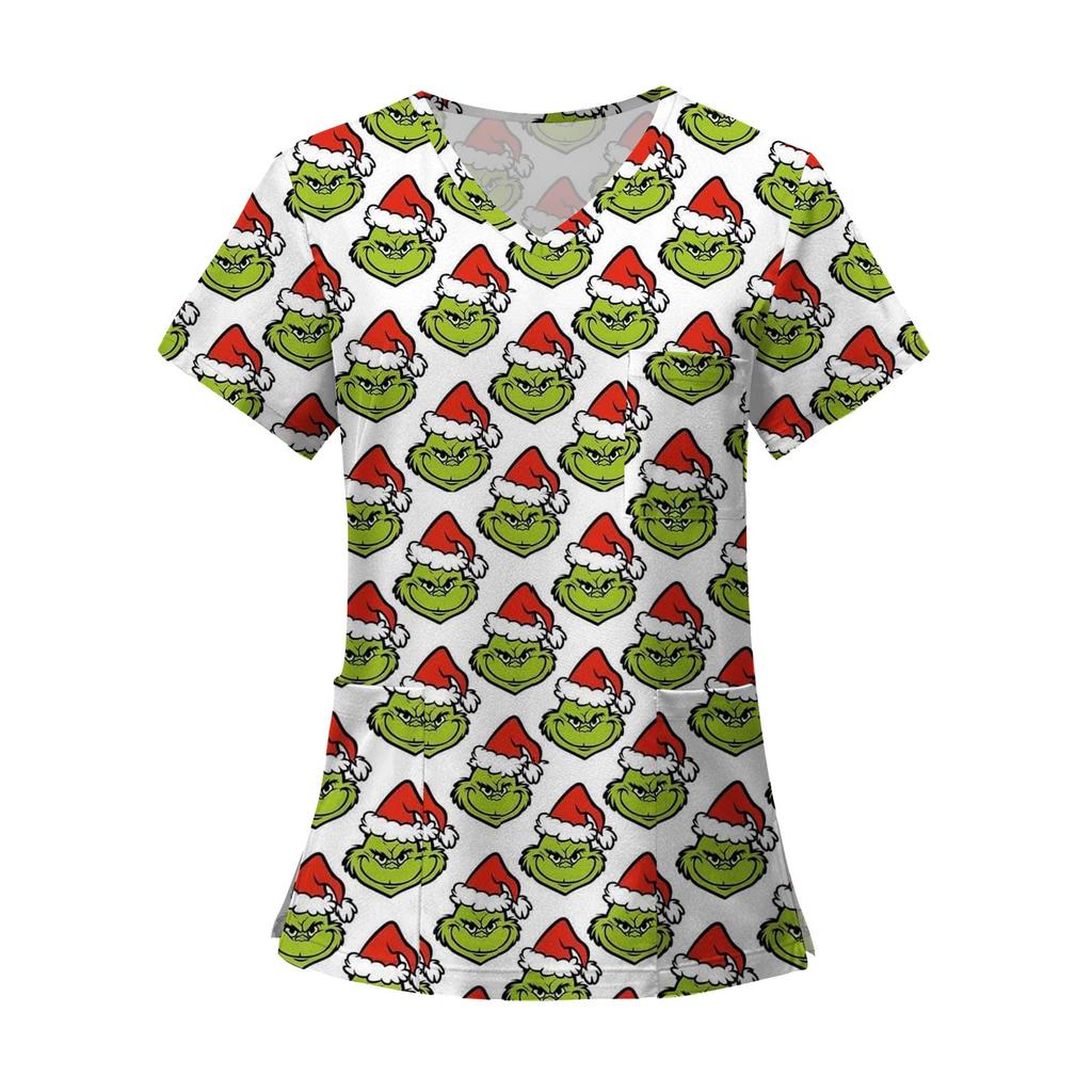 Women's Fashion Printed Short Sleeve V Neck Pattern Tops Pocket Working T-shirts