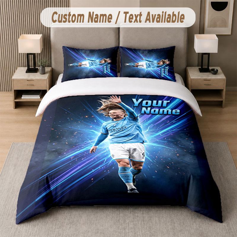 Custom Bedding Set Erling Haaland Pattern, Print Name Text 1 Duvet Cover Plus 2 Pillowcases Home Textile