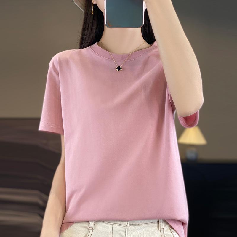 VEZFAA Women's Fashion Summer Spring Casual Solid Color Print Short Sleeve O-Neck T-shirts and Tops