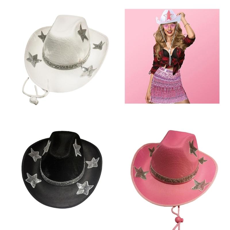 Thick Windproof Cowboy Hat with Sequins Star Pattern Rolled Brim Felt Cowboy Hat