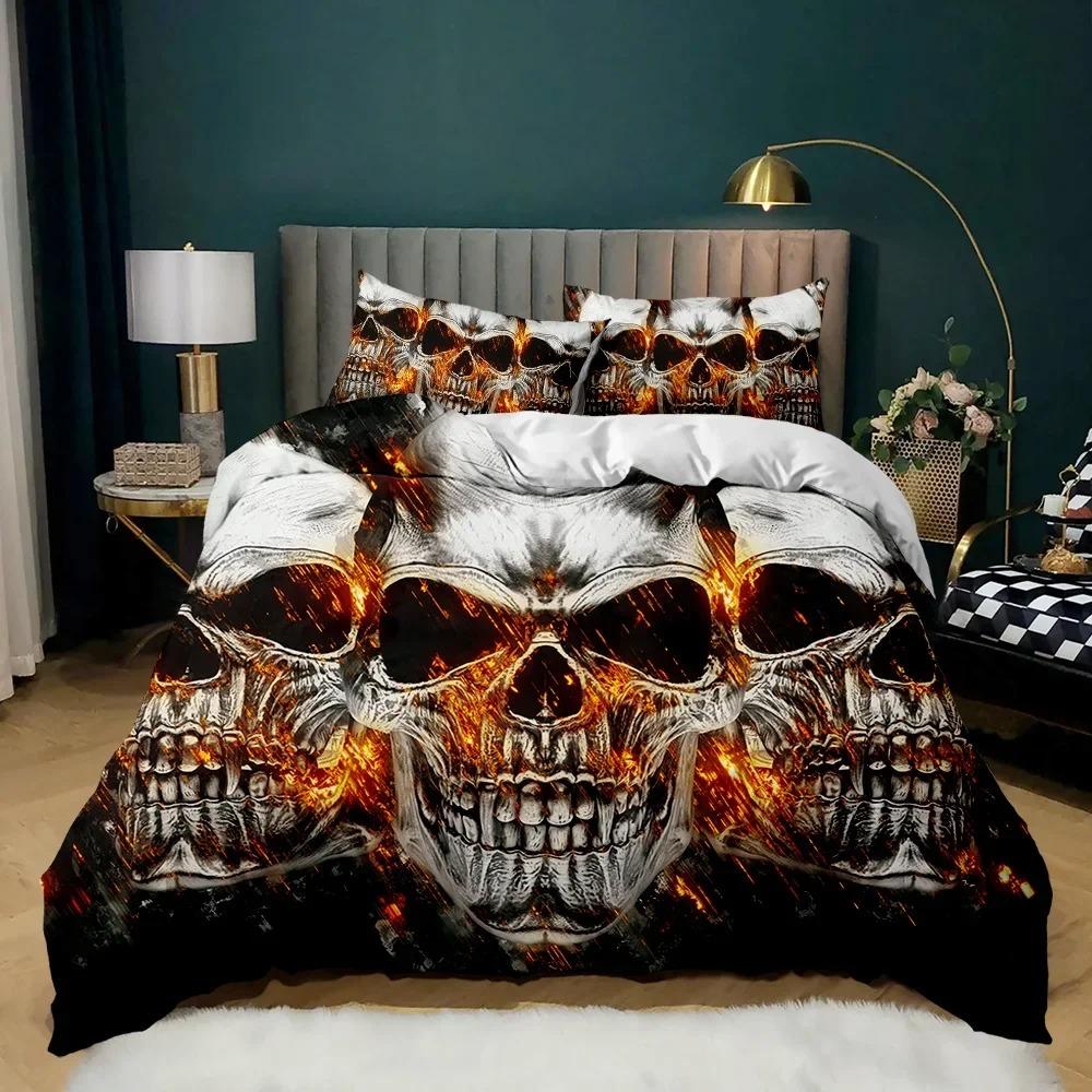 Red Rose Skull Queen Floral Skull Traditional Print Halloween Double Queen King Size Soft Polyester Duvet Cover Set