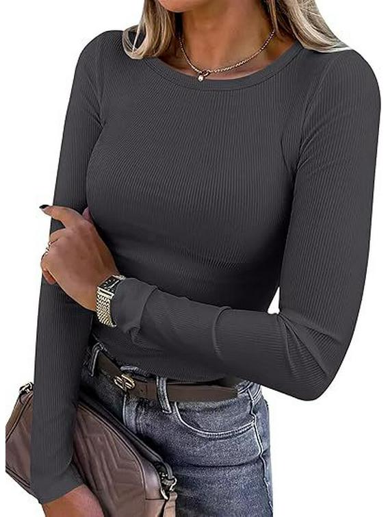 2024 Women's Long-Sleeve Ribbed Crew Neck Slim-Fit T-Shirt