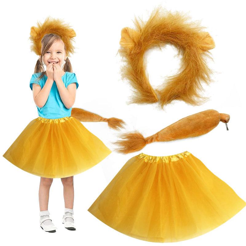Kinder Jungen Mädchen Tier Löwe Cosplay Kostüme Ohren und Schwanz Stirnband Rock Set Zubehör Halloween Karneval Party Verkleidung