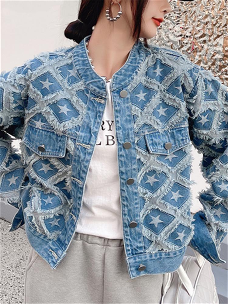 Geometric Jean Jacket for Women  New Fashion Autumn Winter Long Sleeve Denim Jacket Streetwear Single Breasted Coat