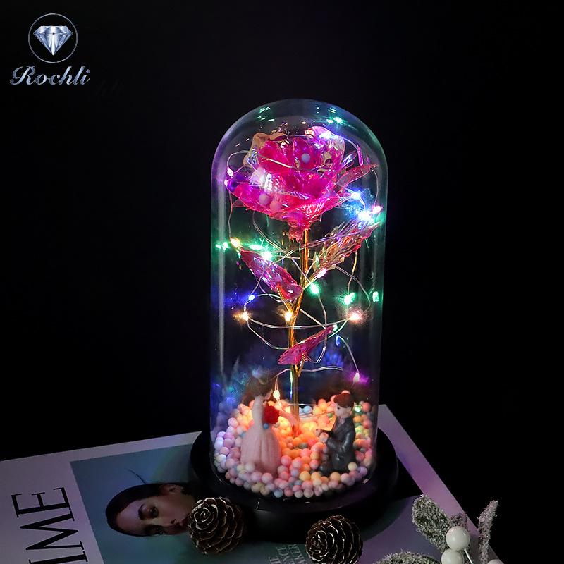 Rose Flower Preserved in Glass Dome with Night Light - Mother's Day or Birthday Gift Ornament