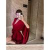 Robe rouge satinée à l'acide acétique premium pour femmes, taille à lacets, manches courtes larges et bouffantes, chemise de nuit moelleuse, robe de mariée pour le matin