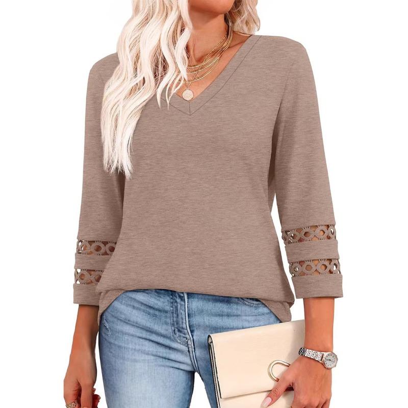 New Fashionable Loose V-neck Three-quarter Sleeve Women's New Sweater Casual Hollow Top