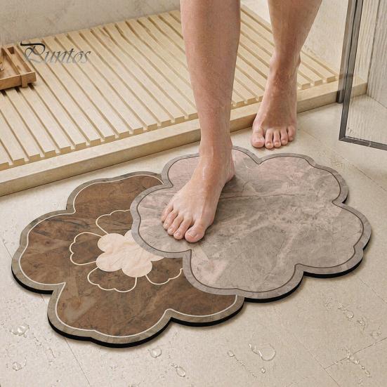 Quick Dry Shower Mat Double Flower Bath Mat, Super Absorbent Diatomaceous Earth Rug, Non-Slip Floral Washable Drying for Bathroom Floor Home Entrance