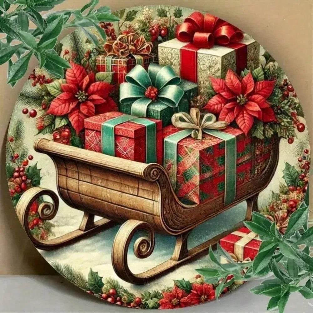 Christmas Metal Wall Sign Sleigh Round Vintage Tin Sign Holiday Home Bar Cafe Decor