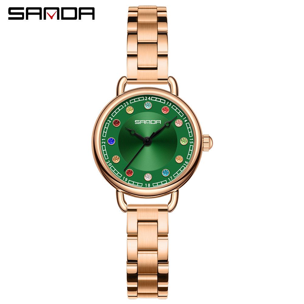 Sanda Women's Retro Rhinestone Quartz Watch - Elegant Green Design
