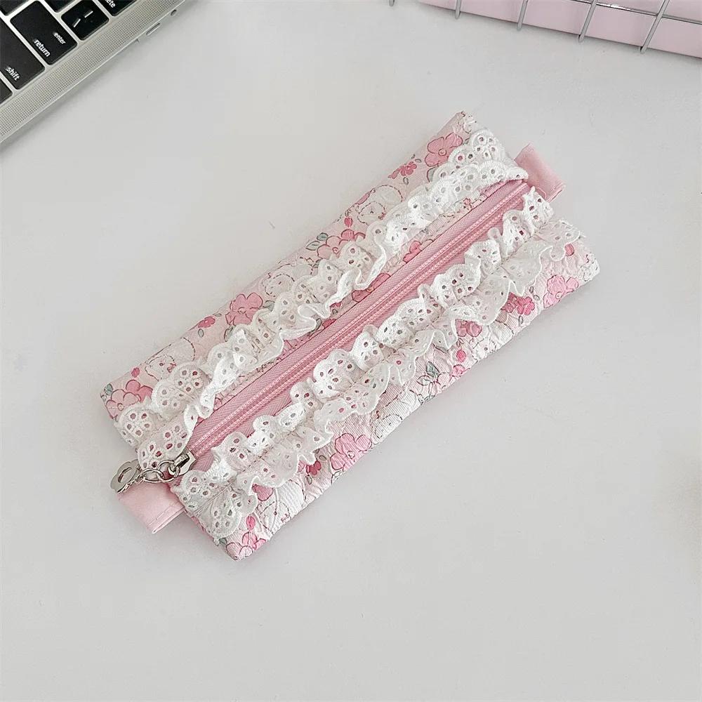Cute Lace Ruffle Pencil Case for Kids Girl Sweet Cartoon Makeup Brush Organizer Large Capacity Soft Fabric Stationery Storage