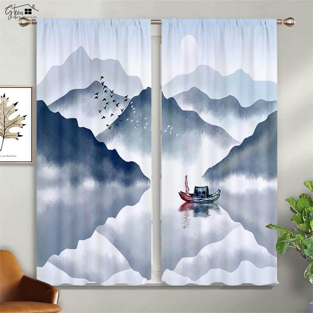 Kinesiskt landskapsmåleri 3D-tryckta gardiner Tuschmålning Kalligrafi Zen Elegant Klassisk Kanalfållsgardiner 2 stycken