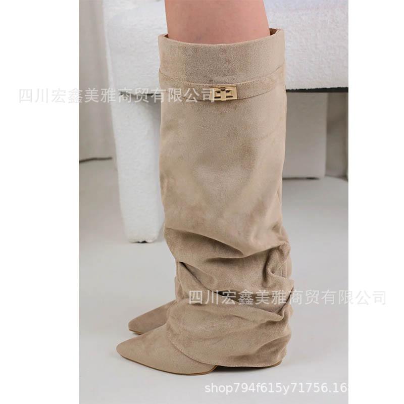 2025 women's shoes pointed straight pleated metal buckle medium long boots large size thick heel trouser tube boots