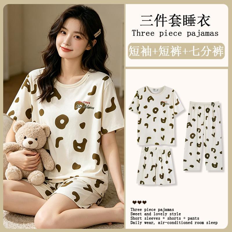 Summer cool air-conditioned room pajamas women's summer round neck short-sleeved cropped pants three-piece set high-end loungewear