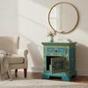 HandPainted Wooden Bedside Cabinet Desk | Blue Floral Nightstand with Drawer & Door Rajasthani Handicrafted Chest Dressers Cabinet Furniture