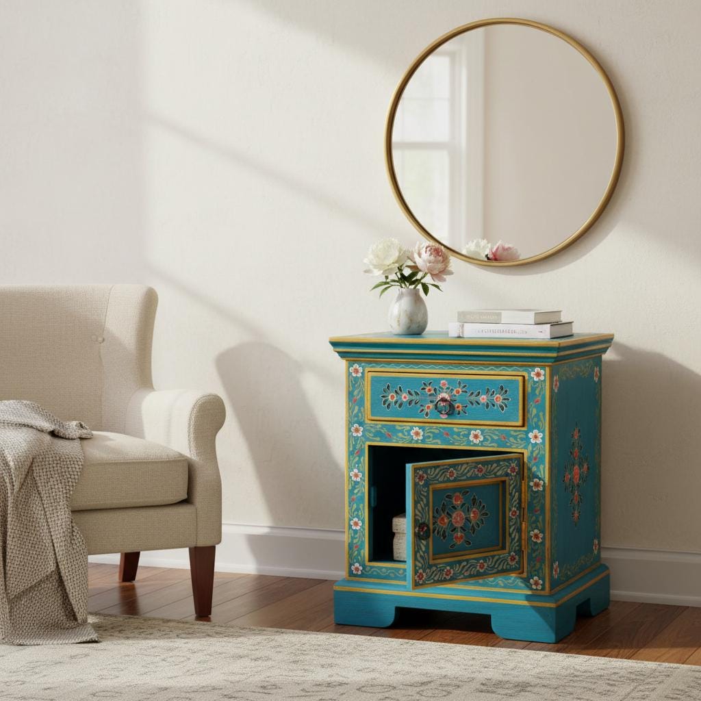HandPainted Wooden Bedside Cabinet Desk | Blue Floral Nightstand with Drawer & Door Rajasthani Handicrafted Chest Dressers Cabinet Furniture