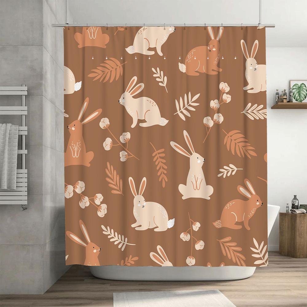 Cute Rabbit Shower Curtain Set with Green Leaves Decor Modern Bathroom Curtains for Kids' Room Peach Pink Beige Floral Print Wat