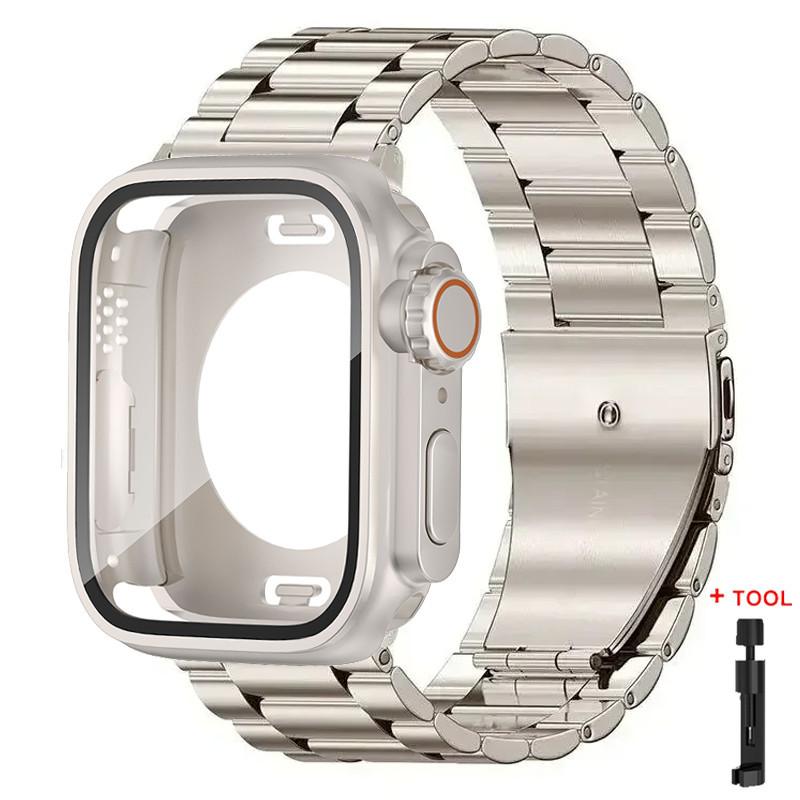Glass Case+Metal Stainless Steel Strap For Apple Watch S11 S10 42mm 46mm 45mm 44mm 41mm 40mm iWatch Series 11 10 9 8 7 6 5 4 se