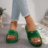 2025 Summer New Platform Sandals Women's Round Head Open Toe Sequin Cloth Soft Sole Anti-slip Wear-resistant Flat Slippers