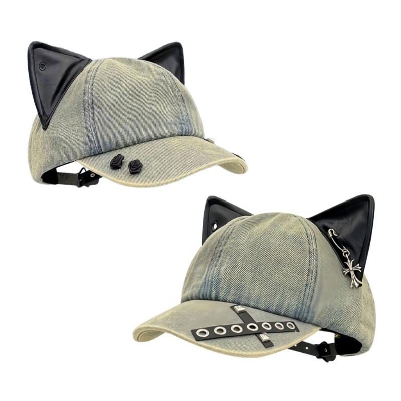 Distressed Baseball Hat with Metal Decors and PU Leather Cats Ear Subcultural Sun Hat for Women Streetwear Hiphop Dance