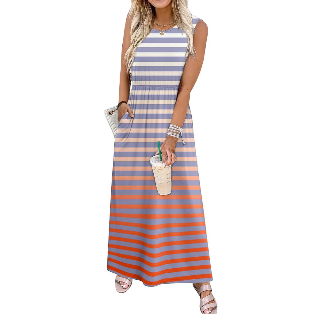 Ladies' striped printed casual and fashionable waist cinched sleeveless dress