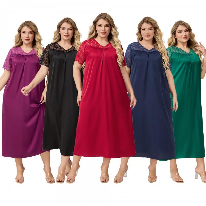 Plus Size Womens Lightweight Satin Sleep Dress V-Neck Short Sleeve Loose Nightgown Fall Home Lounge