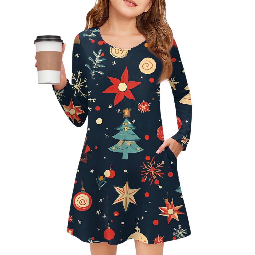 Christmas Day Girls' Long Sleeve Dress - Color Pocket Dress