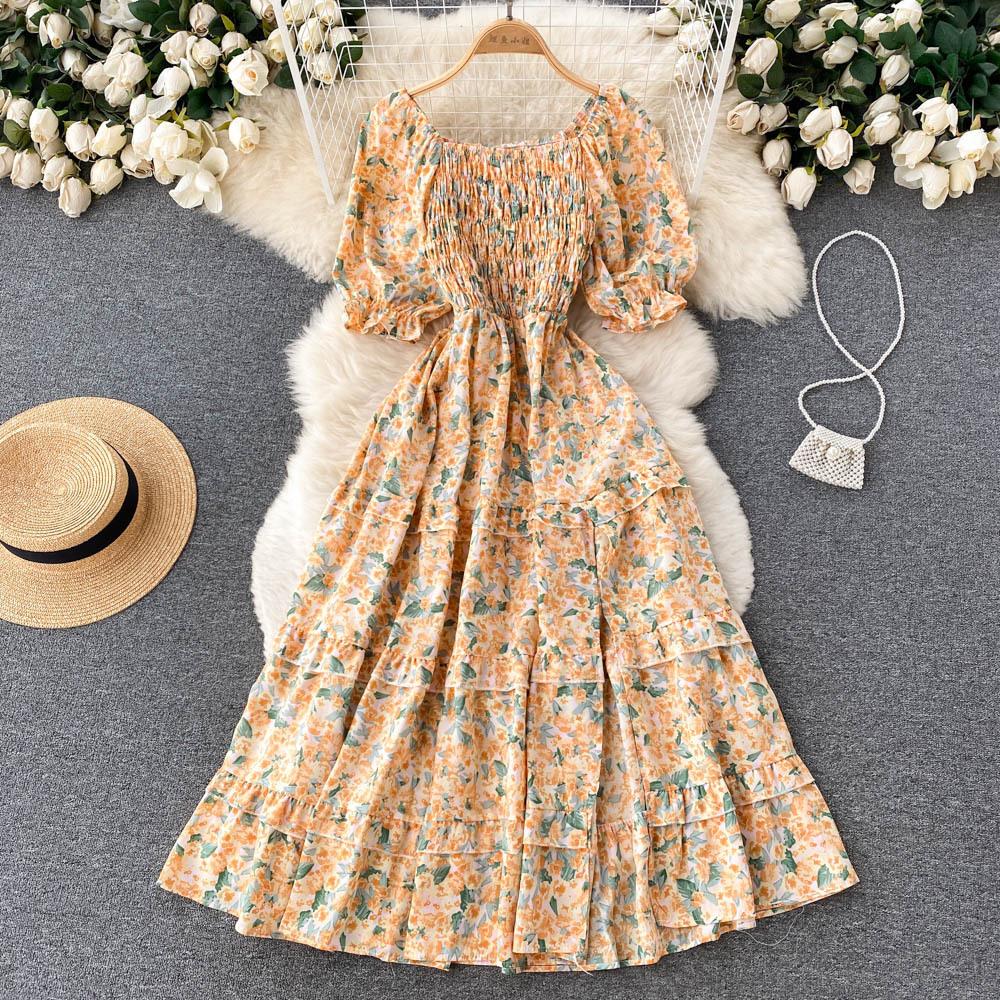 Women's Chic Sweet Slim Square Neck Bubble Sleeve Floral Dress Super Fairy Temperament A-line Dress
