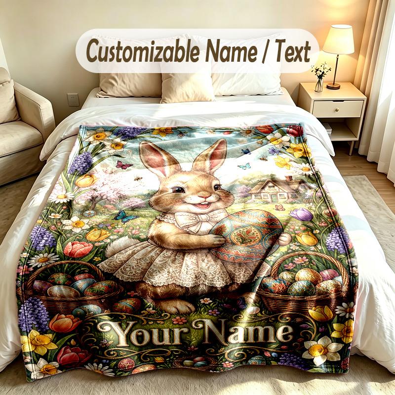 Coperta Morbida Tema Coniglietto Pasquale Personalizzata Stampa Testo Nome Personalizzato Coperta Calda Decorazione Divano Casa Camera da Letto